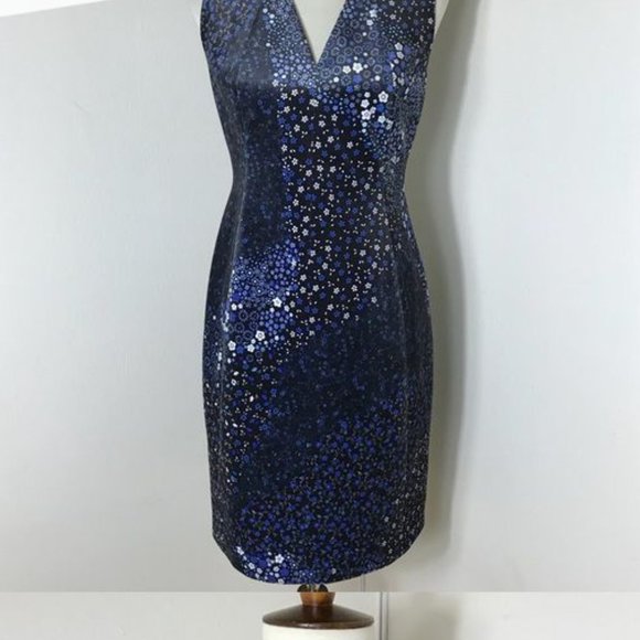 ELIE TAHARI Rosanna Blue Velvet Floral Sleeveless Summer Sheath Dress size 16 - Picture 5 of 13